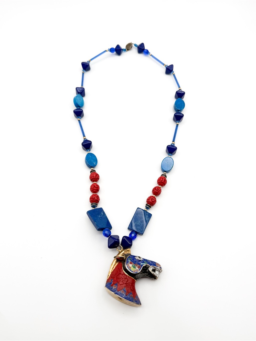 Vintage Rare Cloisonné Horse Pendant Necklace - Cinnabar and Lapiz Beads